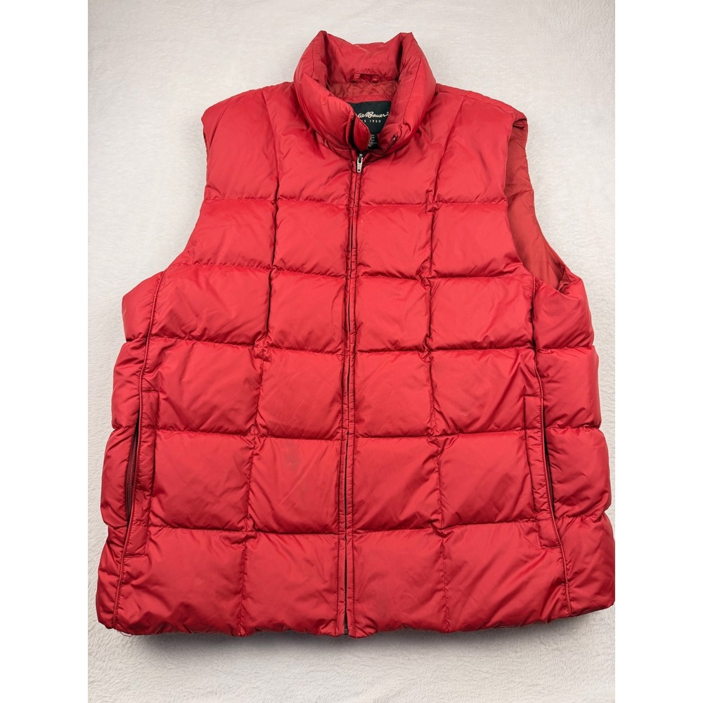 Eddie Bauer Puffer Vest Men XL Tall Red Goose Down Quilted Full Zip Mock Neck
